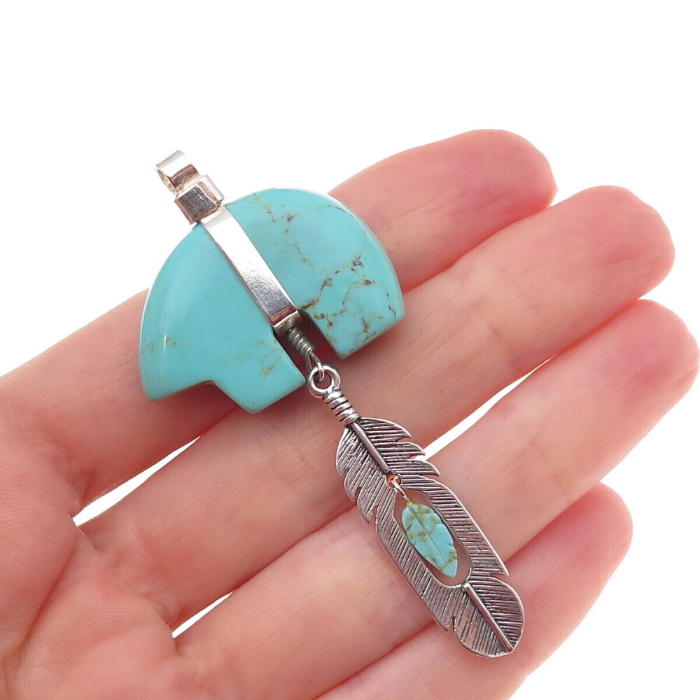 Sundancer Sterling Silver Vintage Southwestern Turquoise Bear & Feather Pendant